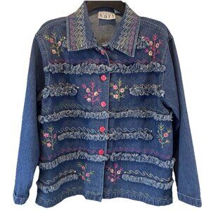 VTG Keren Hart Womens Floral Embroidered Sequins Fringe Denim Jacket M Casual